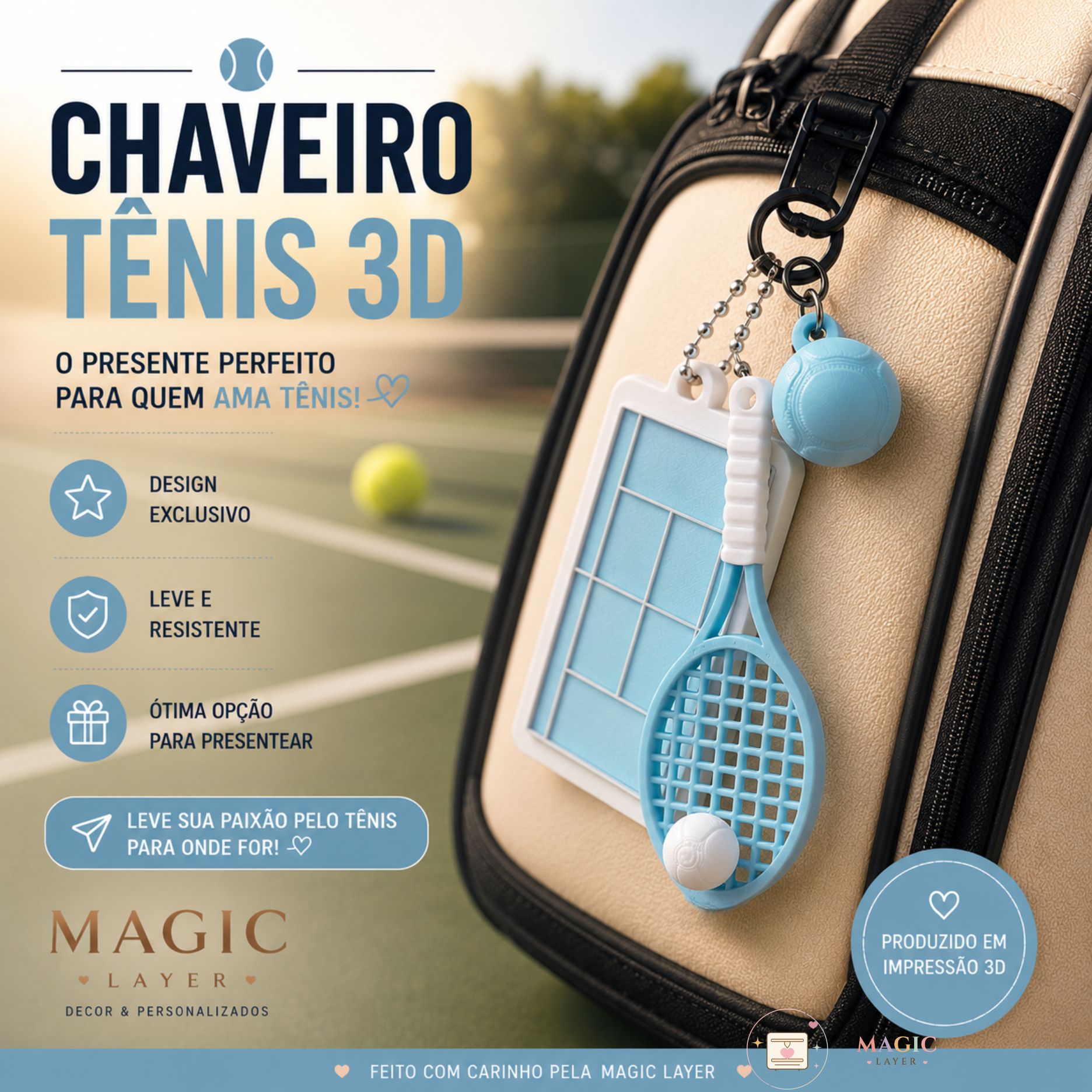 Chaveiro Raquete de Tênis | Mini Quadra